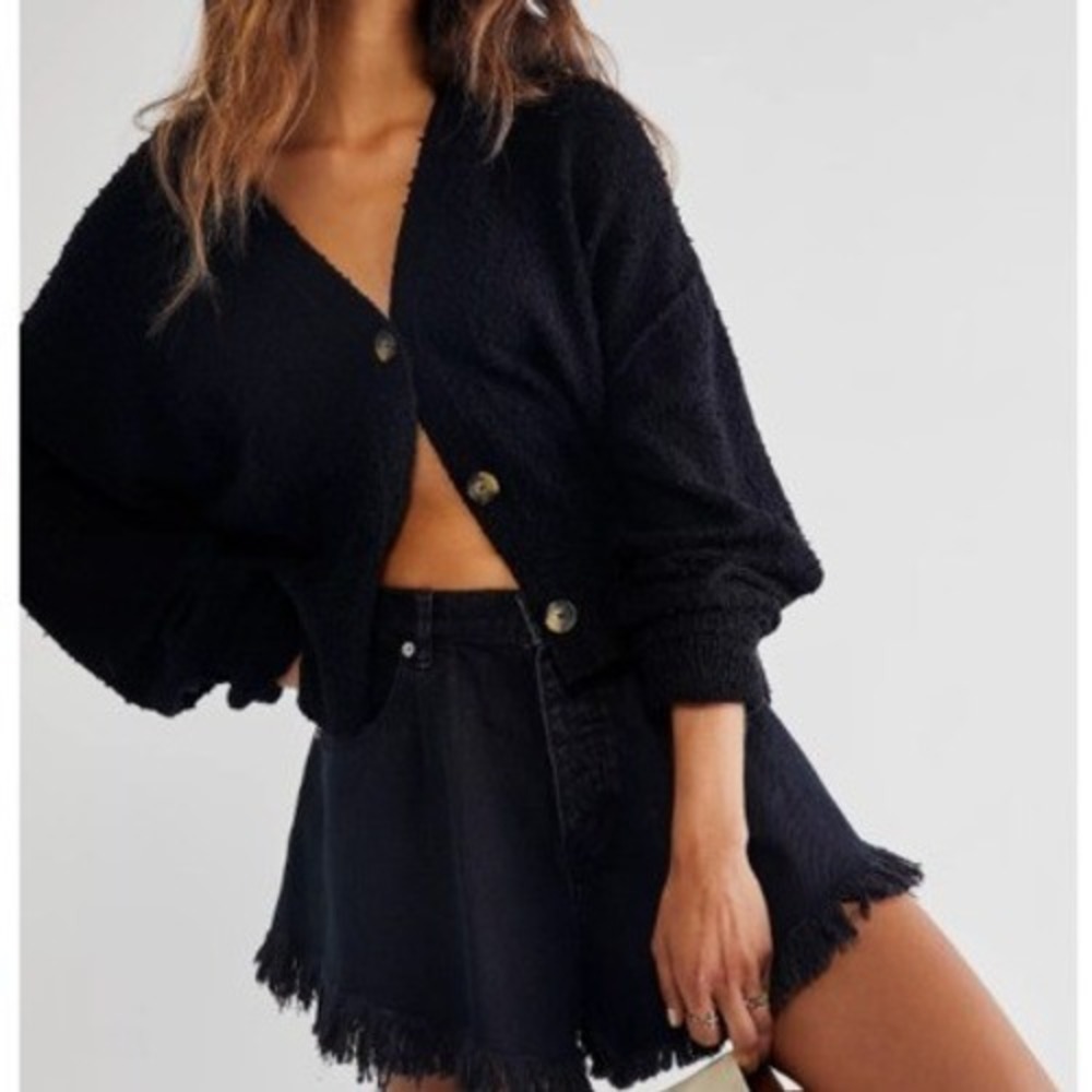 Free People Found My Friend Cardigan Women XS Black Cotton Blend Textured V-Neck